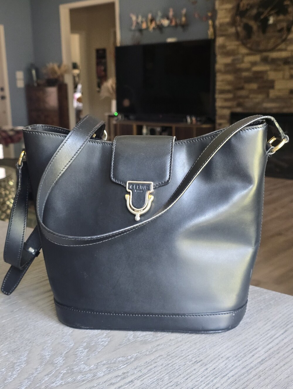 Authentic Celine Black Leather Shoulder Bag with Gold-Tone Clasp